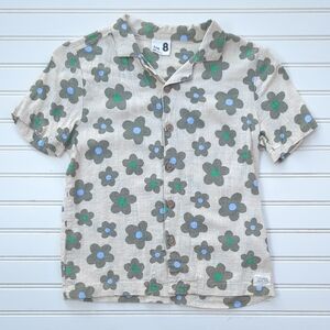 Cotton On Beige Button-Down Shirt with Green & Blue Flowers